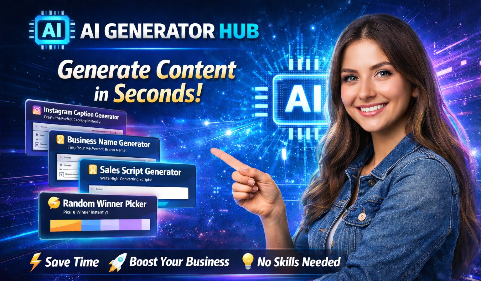 AI Generator Hub workspace with glowing dashboards and neural network